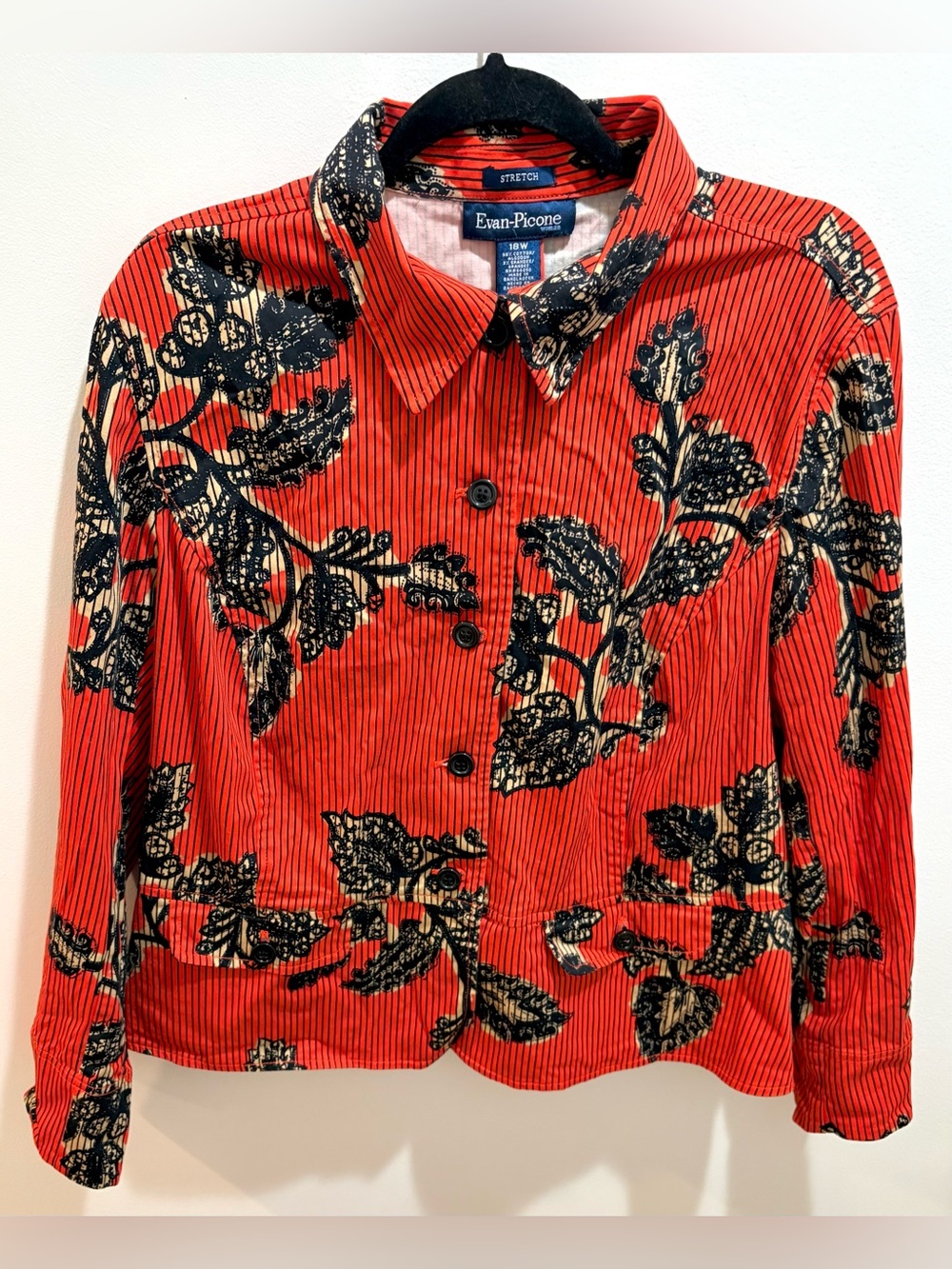 Evan-Picone Button Shirt Stretch Shacket 18W Orange Stripped Y2K Artsy Retro